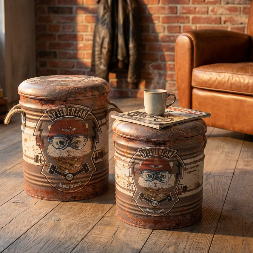 SET DI 2 POUF CONTENITORE TONDO MATTONE