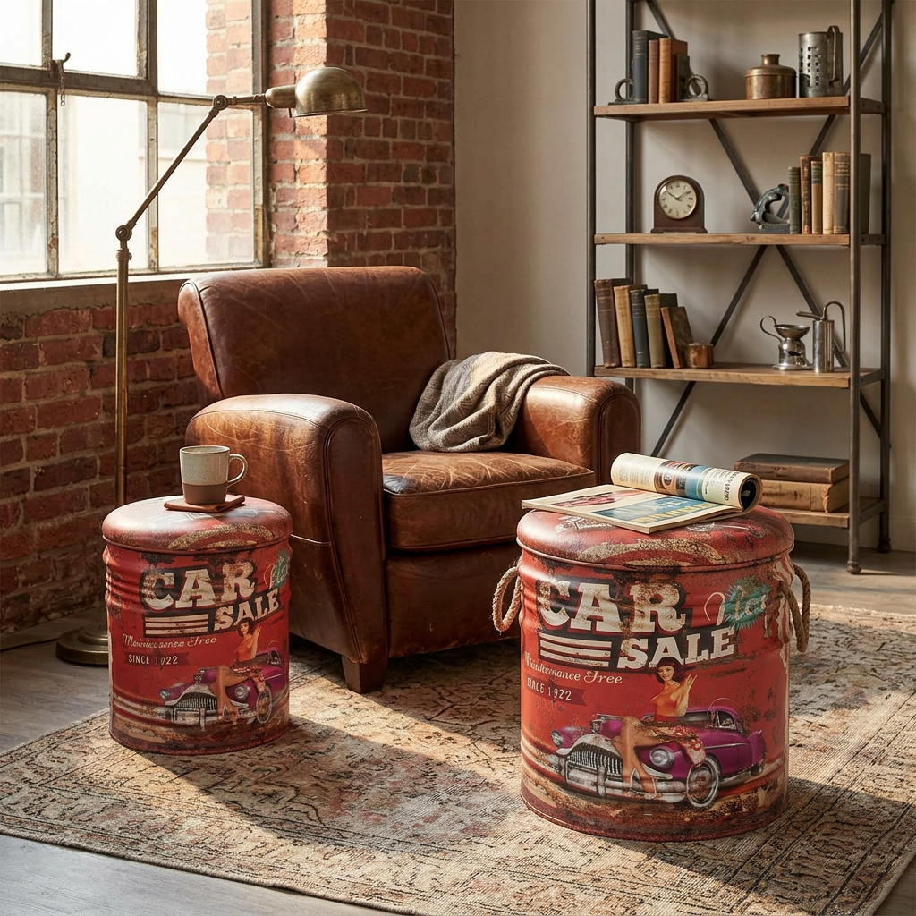 SET DI 2 POUF CONTENITORE TONDO ROSSO