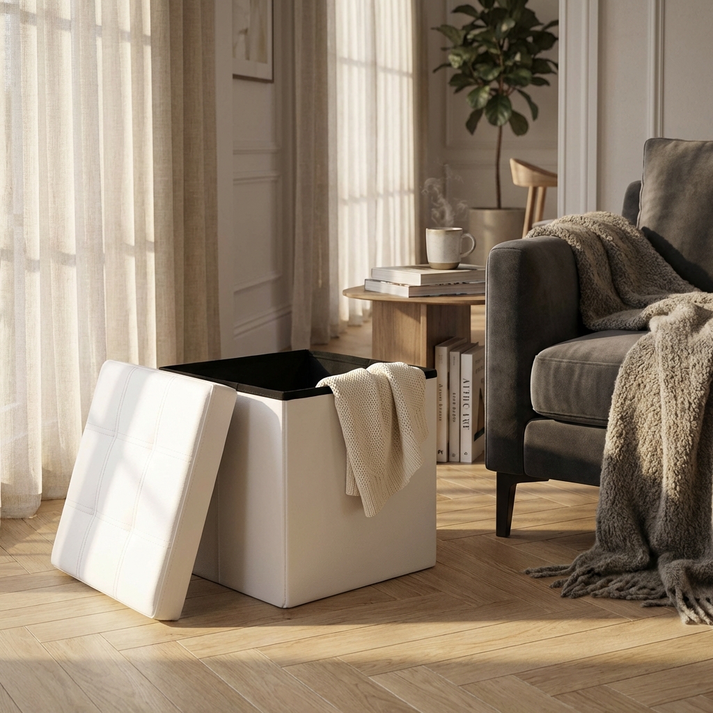 POUF CONTENITORE QUADRATO IN ECOPELLE  BIANCO