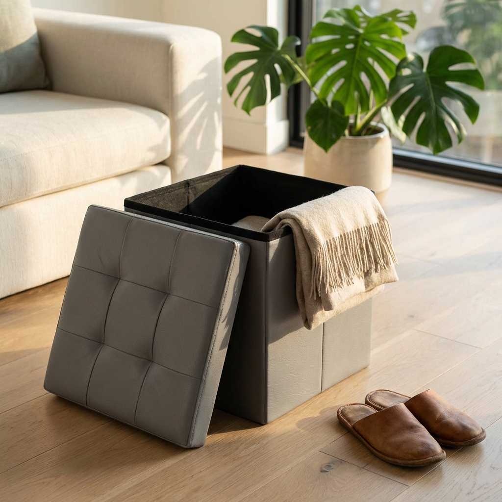 POUF CONTENITORE QUADRATO IN ECOPELLE GRIGIO