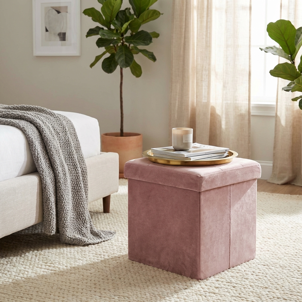POUF CONTENITORE QUADRATO IN VELLUTO ROSA