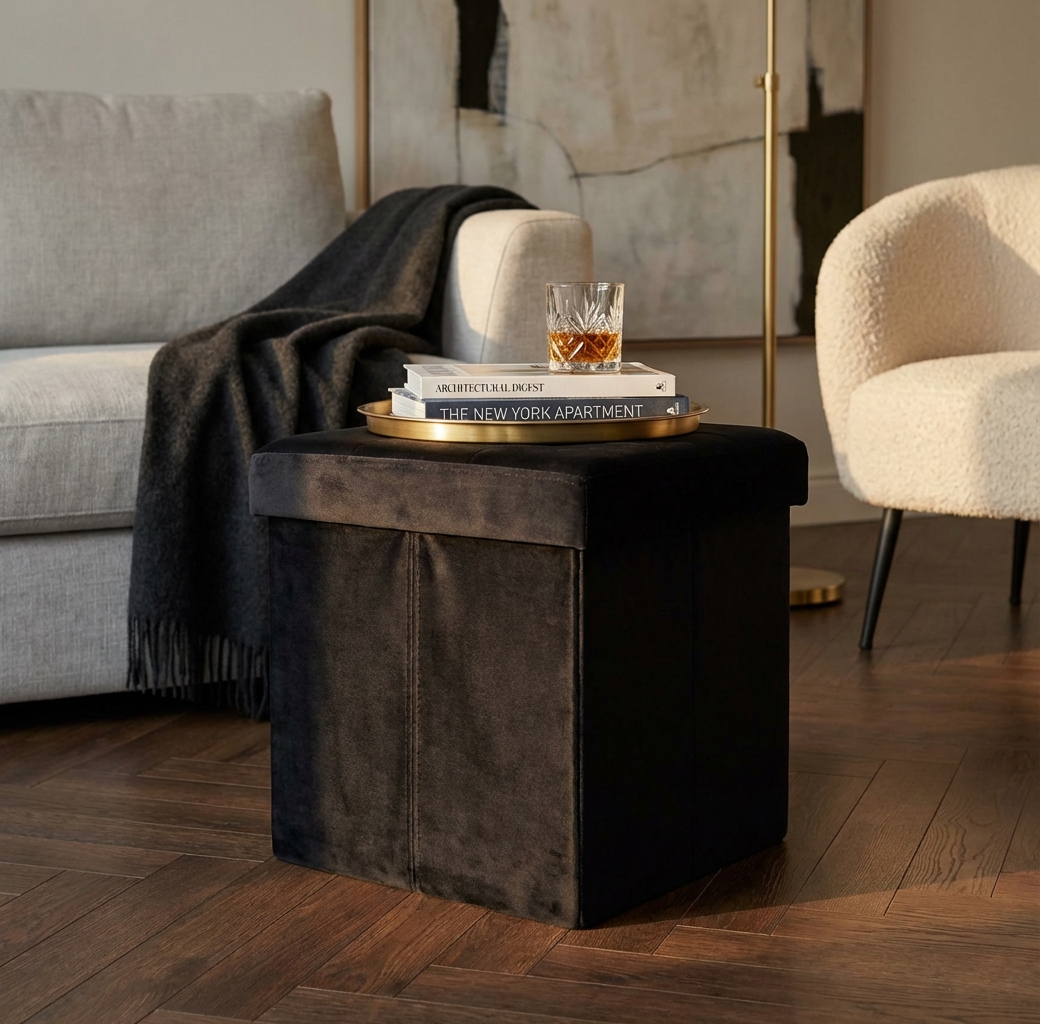 POUF CONTENITORE QUADRATO IN VELLUTO NERO