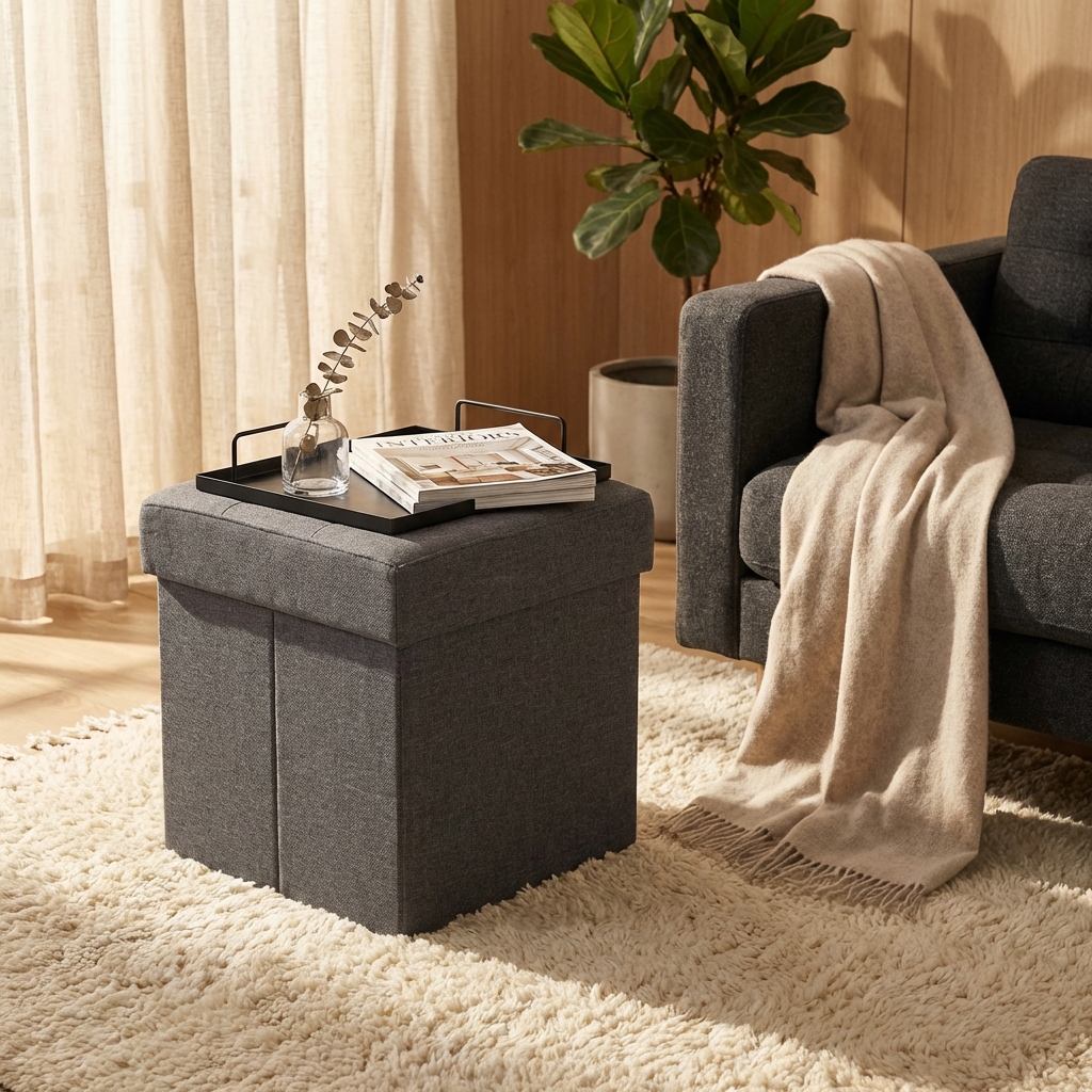 POUF CONTENITORE QUADRATO IN STOFFA GRIGIO SCURO