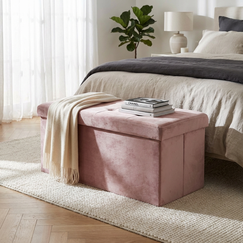 POUF CONTENITORE RETTANGOLARE IN VELLUTO ROSA