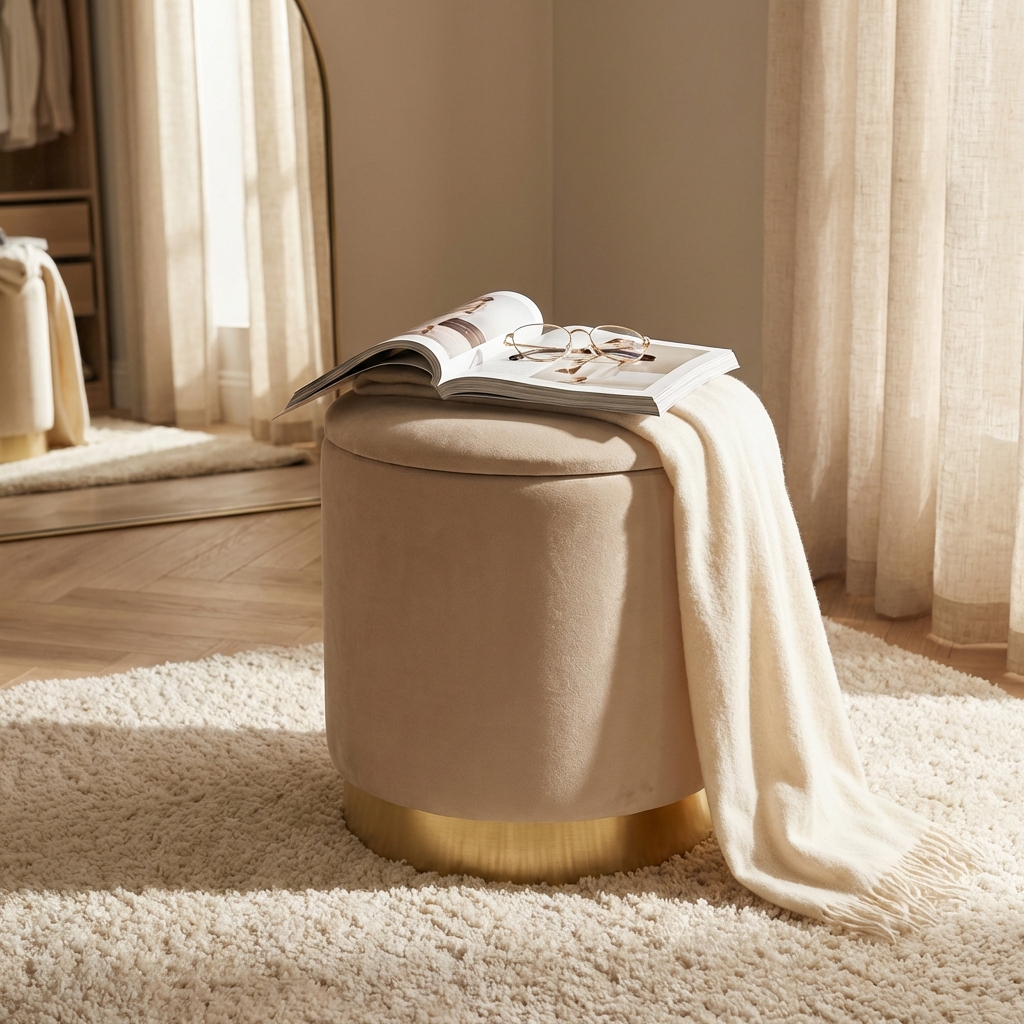 POUF CONTENITORE ROTONDO IN VELLUTO BEIG