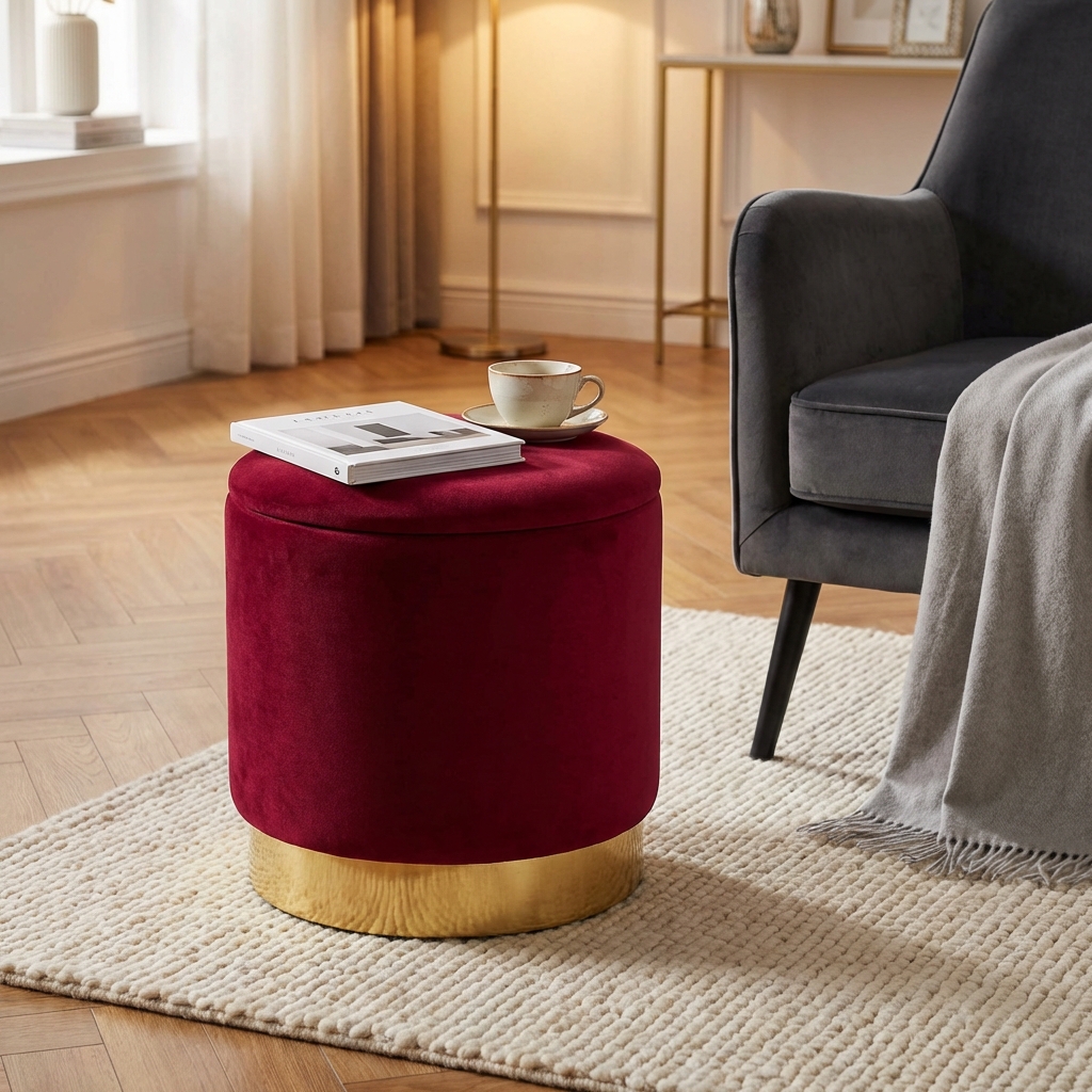 POUF CONTENITORE ROTONDO IN VELLUTO BORDEAUX