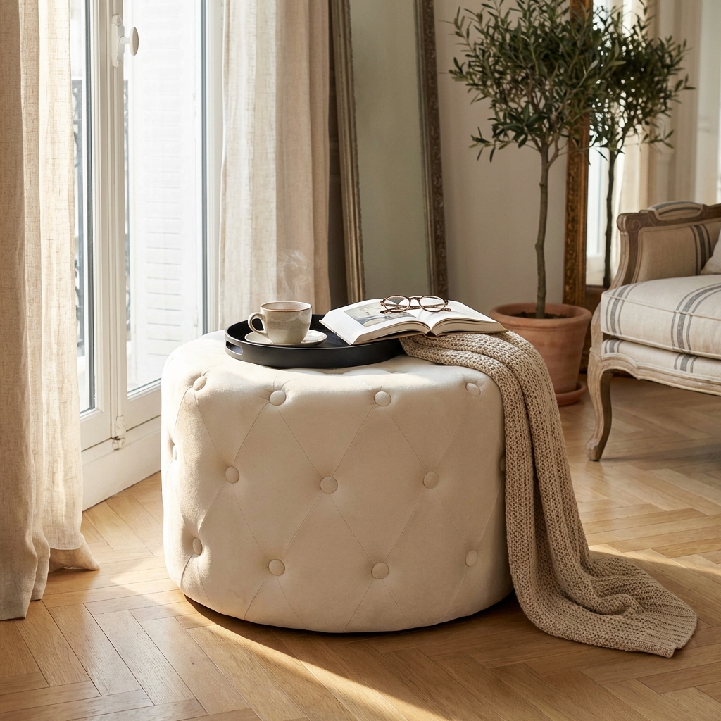POUF ROTONDO IN VELLUTO BEIG