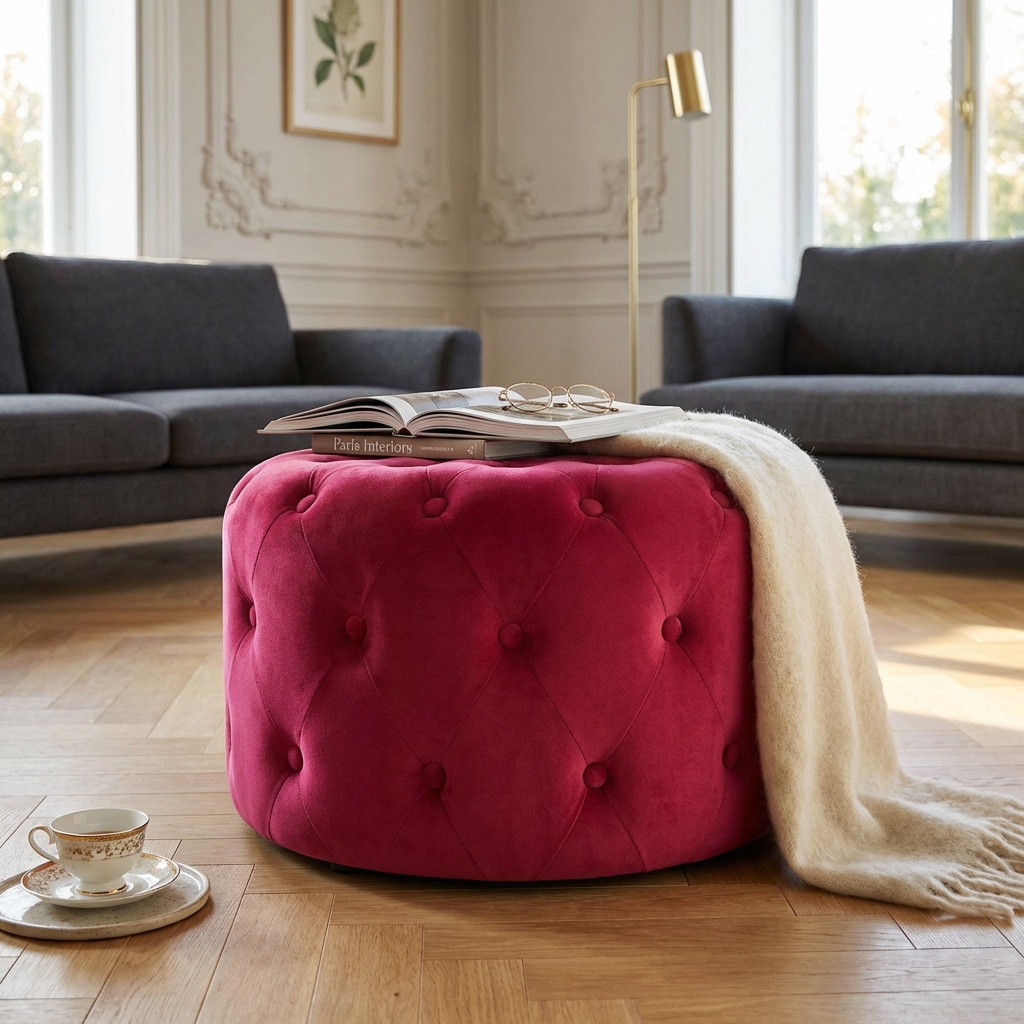 POUF ROTONDO IN VELLUTO BORDEAUX
