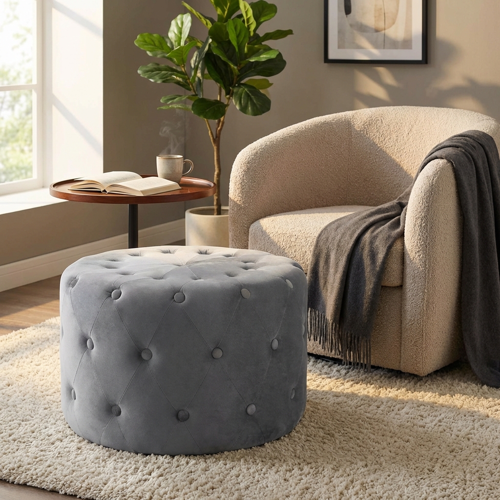 POUF ROTONDO IN VELLUTO GRIGIO SCURO