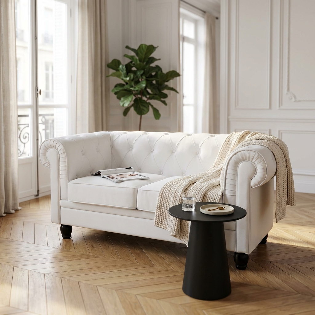 DIVANO 2 POSTI CHESTERFIELD IN ECOPELLE BIANCO