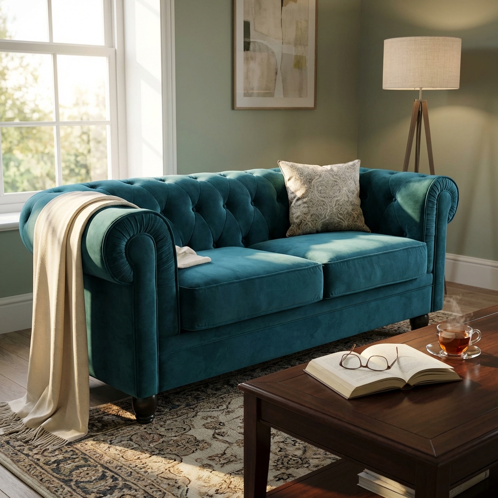 DIVANO 3 POSTI CHESTERFIELD IN VELLUTO BLU
