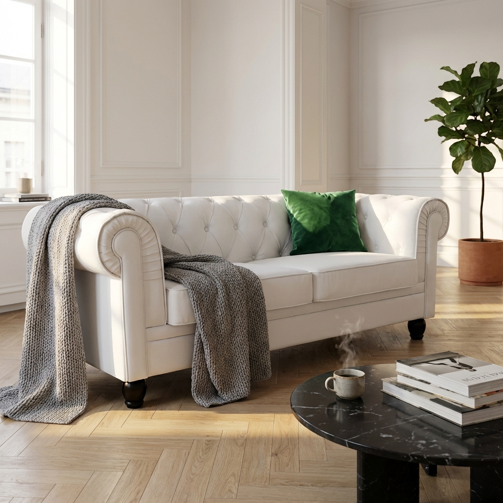 DIVANO 3 POSTI CHESTERFIELD IN ECOPELLE BIANCO