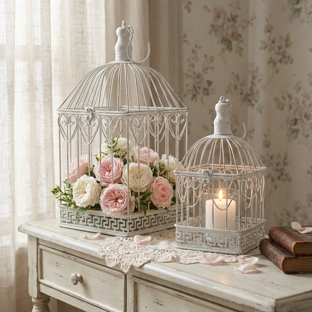 SET DI 2 GABBIE NATALIE RETTANGOLARI BIANCO ANTICO