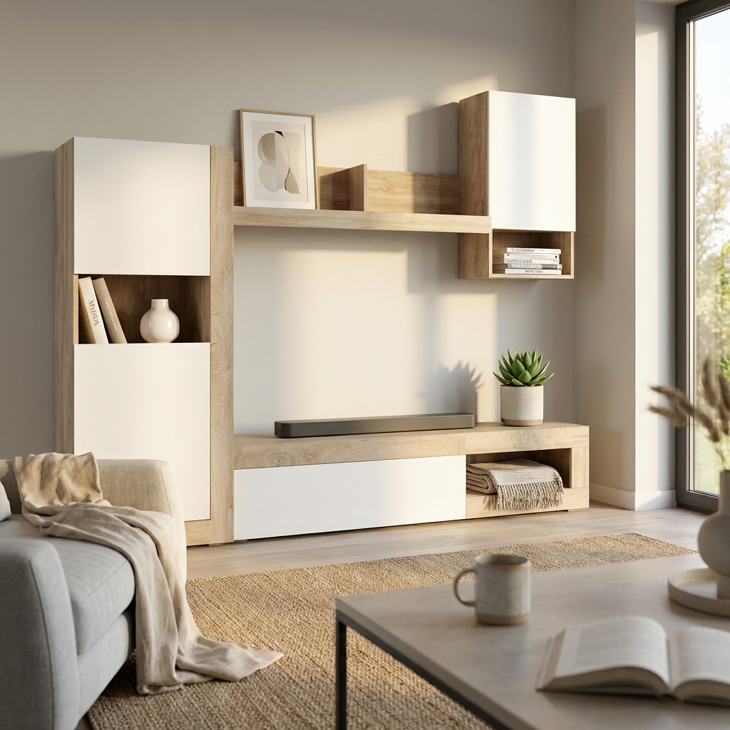 PARETE SOGGIORNO ROOMY BIANCO E ROVERE CHIARO
