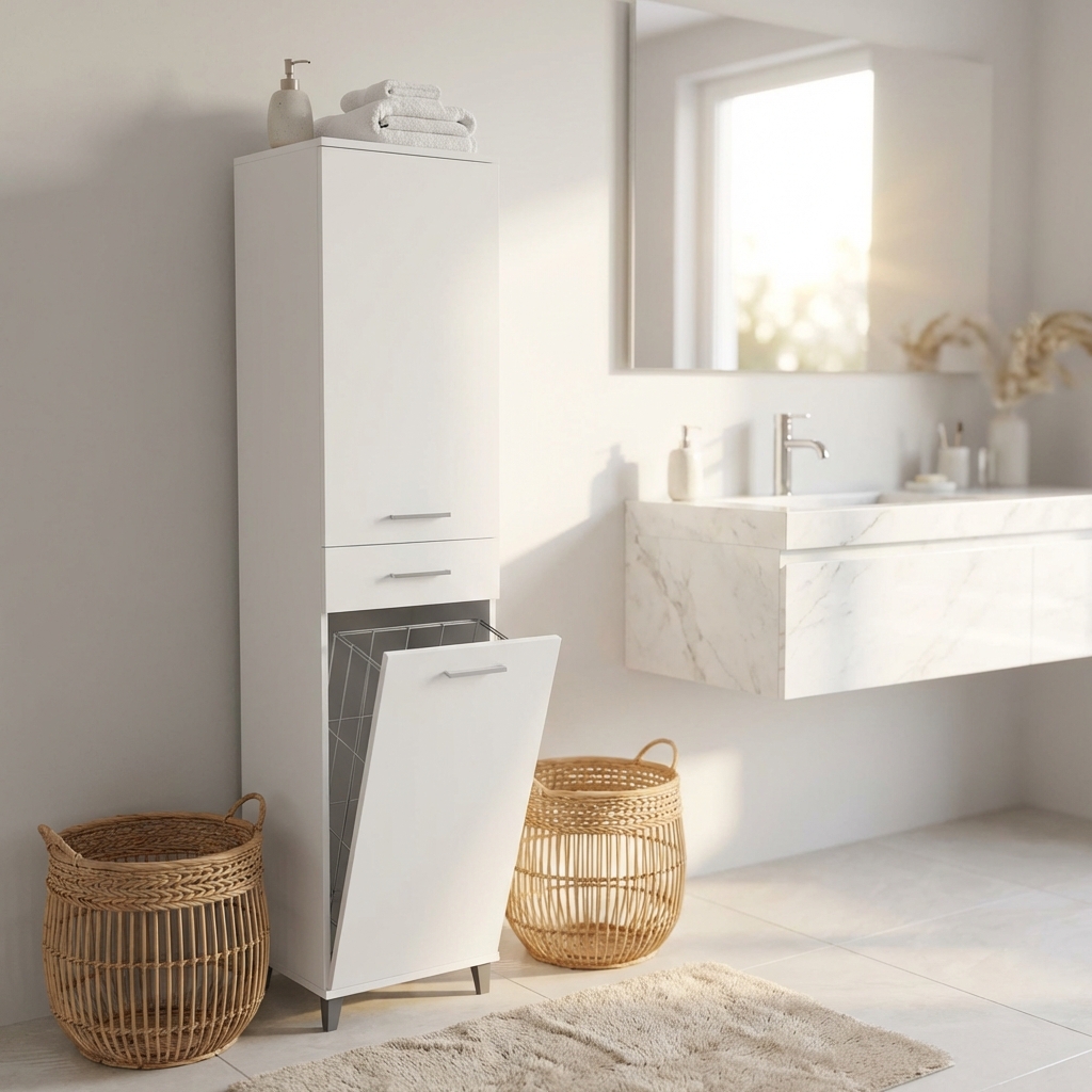 COLONNA PURE CON CESTO PORTABIANCHERIA BIANCO LUCIDO