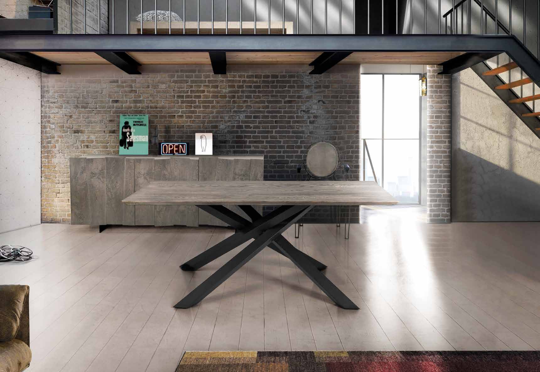 1625 TAVOLO ROVERE NODATO 100 X 250 STRUTTURA NERA PIANO GRIGIO