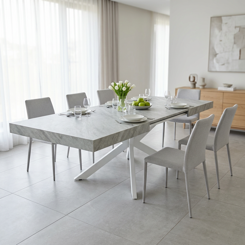 TAVOLO ALLUNGABILE DARREN GRIGIO EFFETTO PIETRA STRUTTURA BIANCA 160/240 X 90