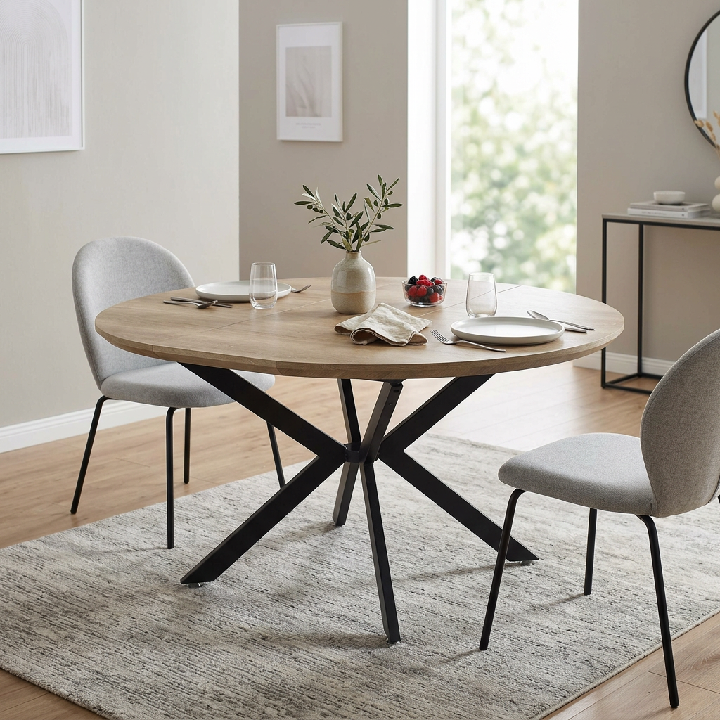 TAVOLO ROTONDO ALLUNGABILE GARRY NATURALE NODATO STRUTTURA NERA 120/160 X 120