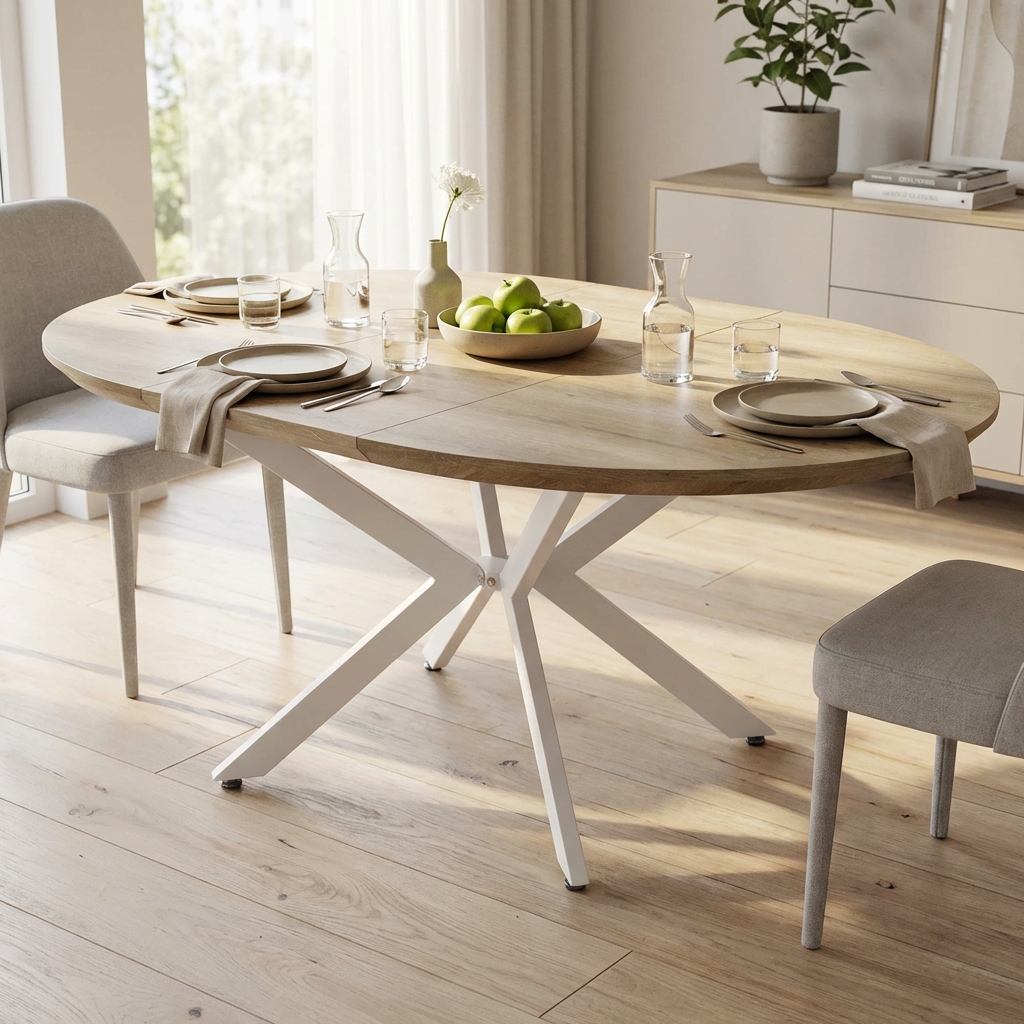 TAVOLO ROTONDO ALLUNGABILE GARRY NATURALE NODATO STRUTTURA BIANCA 120/160 X 120